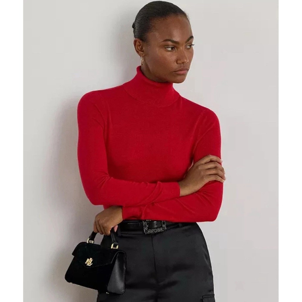 Lauren Ralph Lauren, Womens M Stretch Jersey‎ Turtleneck,  Red 1/4 Sleeve